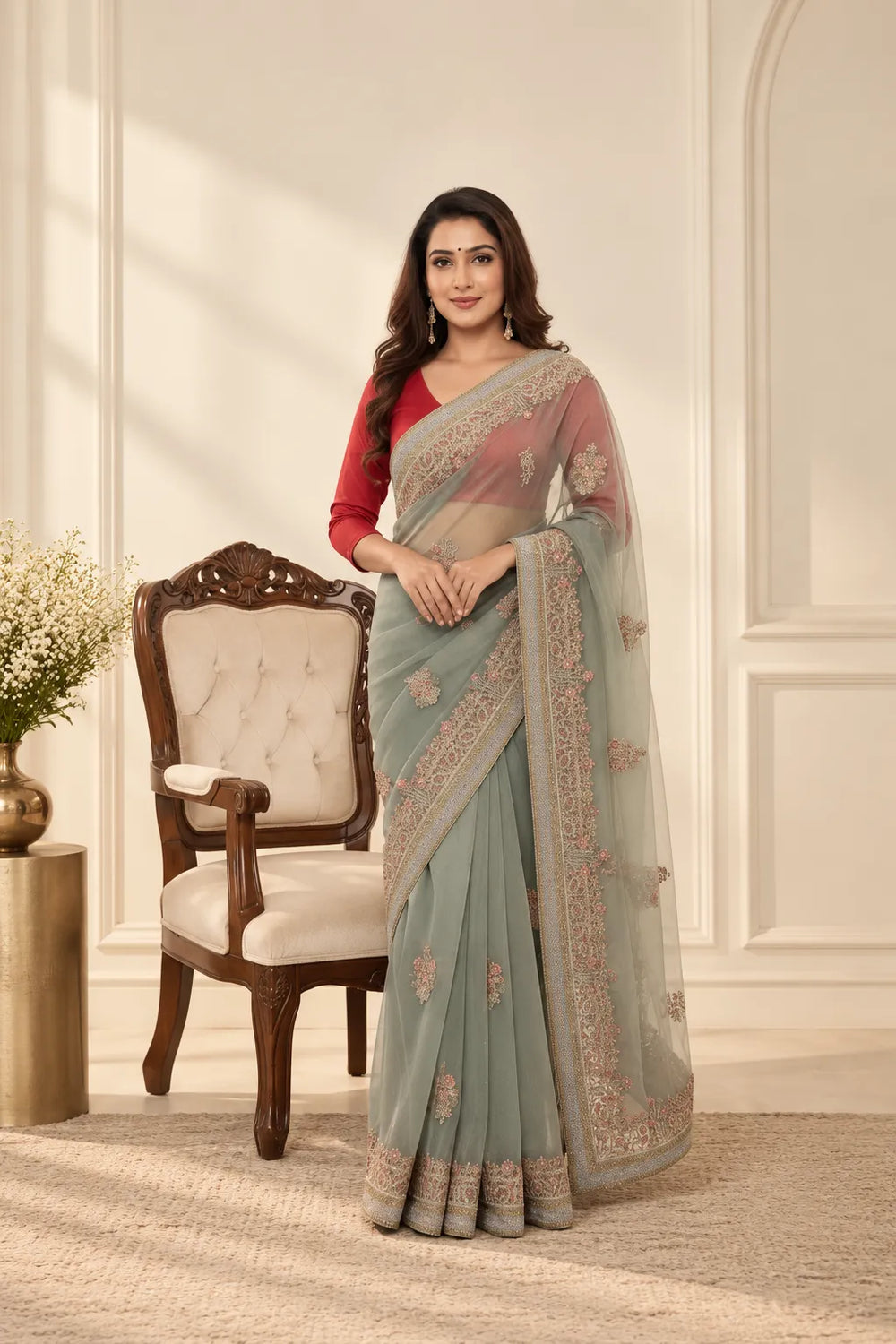 Aarohi Pastel Embroidered Net Saree