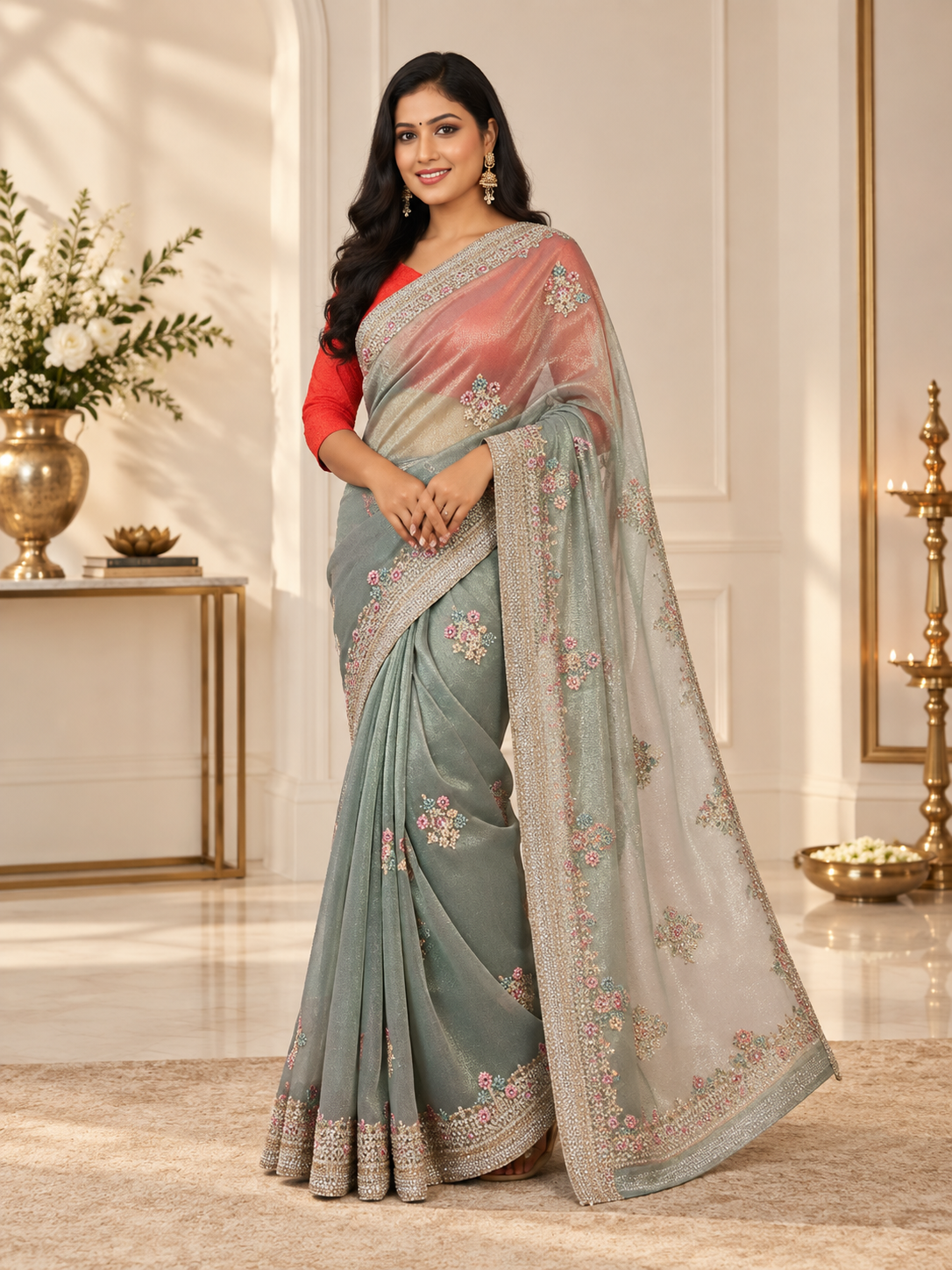 Chandrika Ivory Greyish Green Banarasi